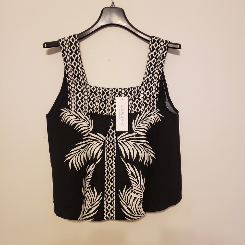 4Our Women Cami Top Blouse Size Small Black White Print Sleeveless